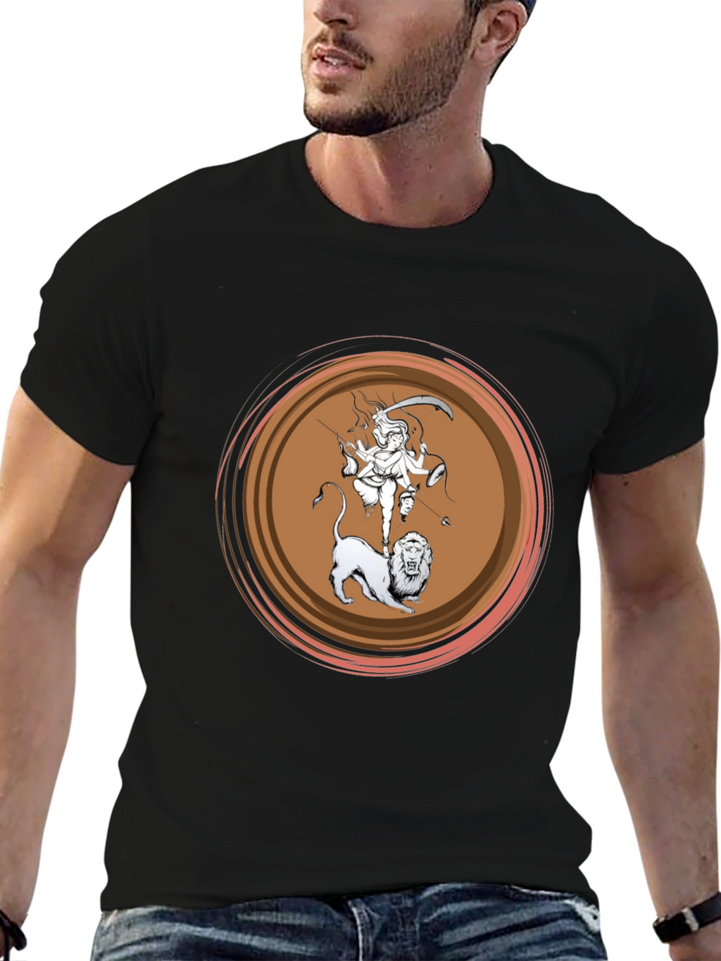 Durga Lion Graphic T-Shirt - Black Cotton Tee