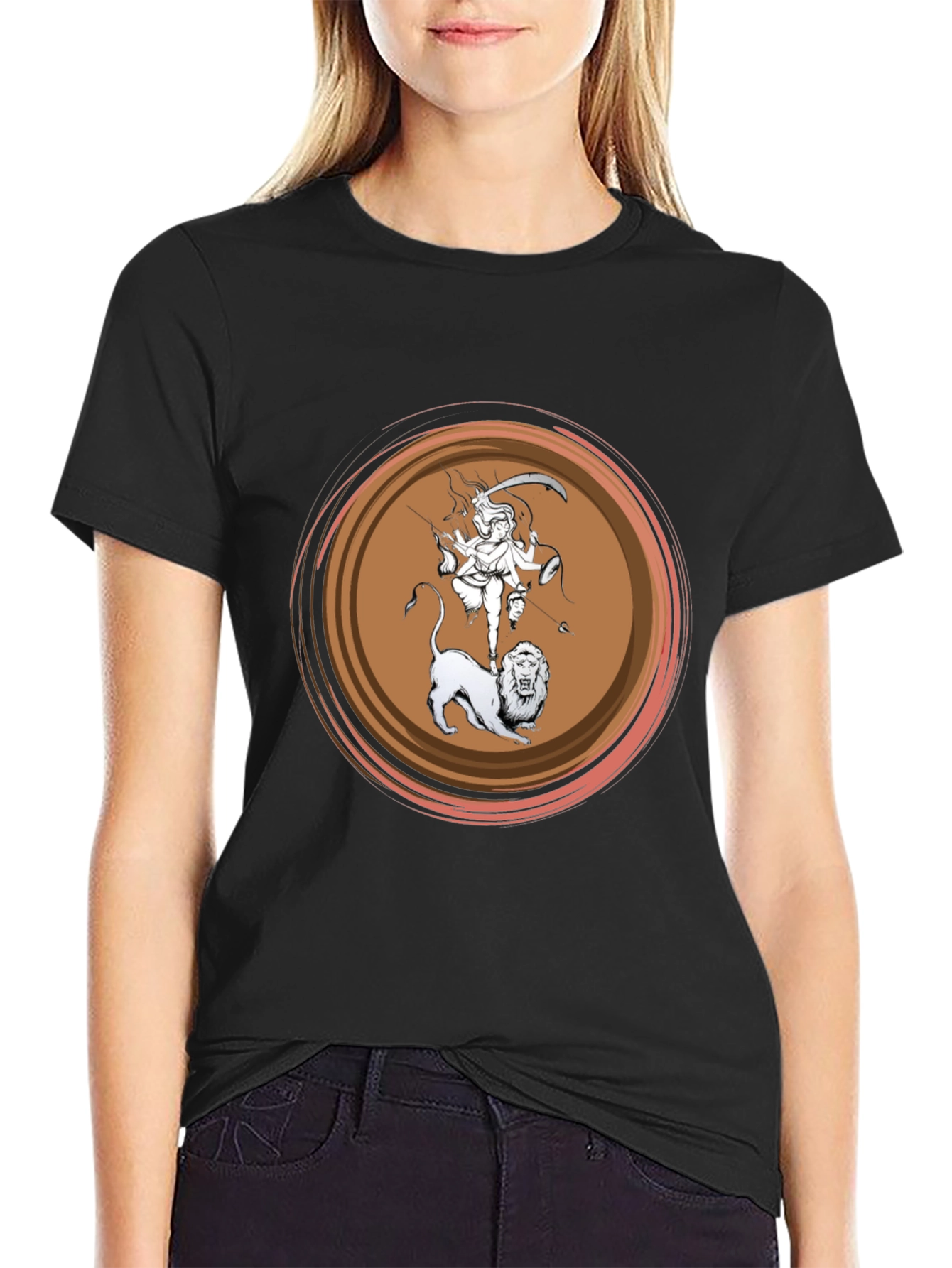Durga Lion Graphic T-Shirt - Black Cotton Tee