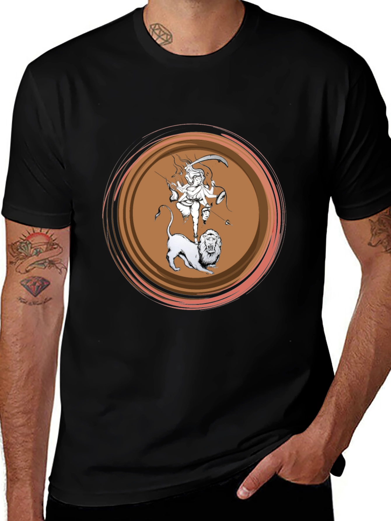 Durga Lion Graphic T-Shirt - Black Cotton Tee
