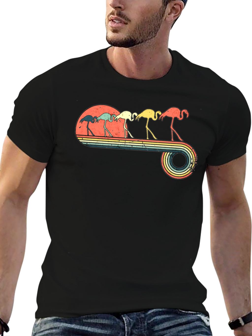 Retro Flamingo Graphic Tee - Mens Black T-Shirt