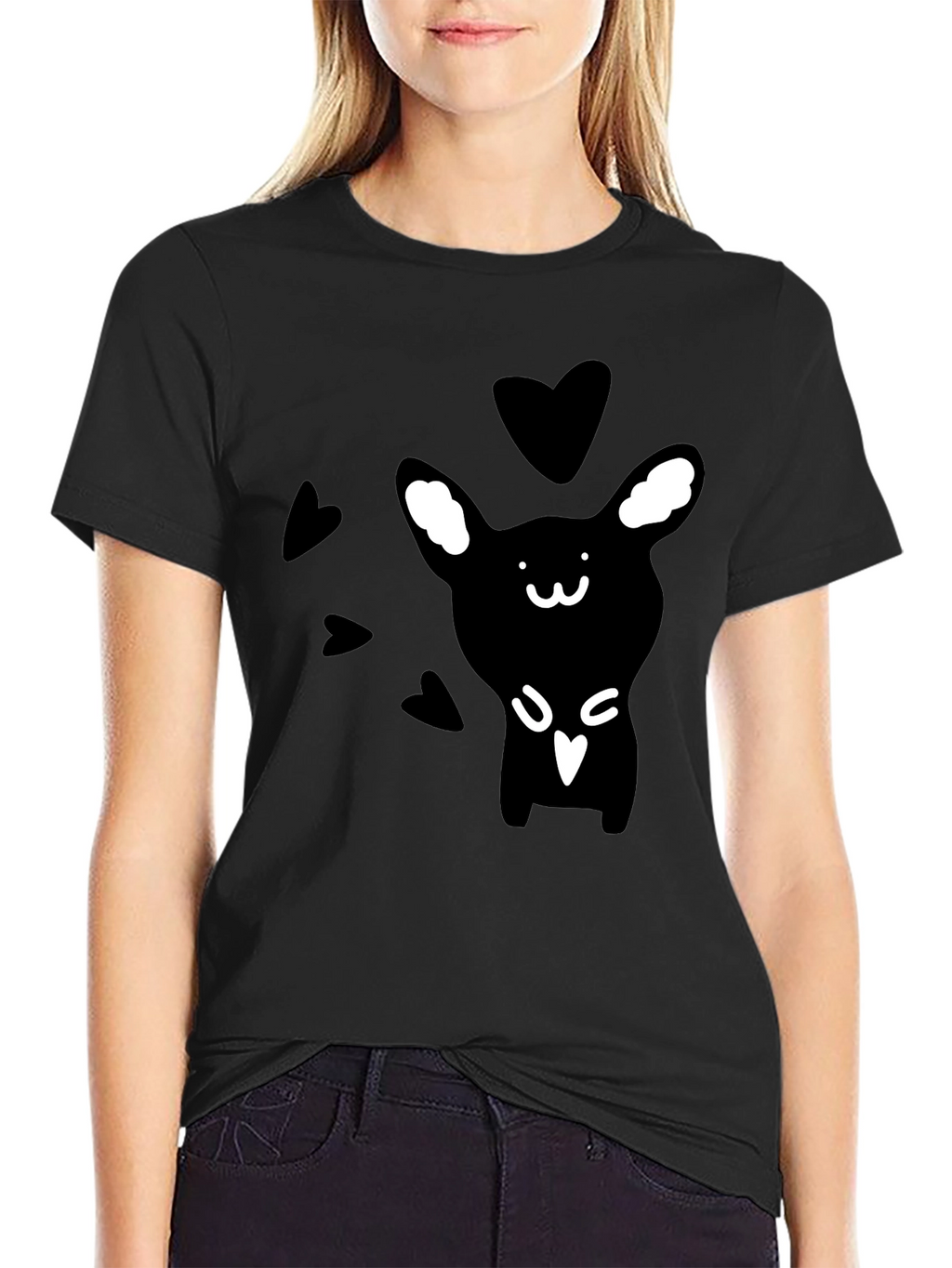 Cute Rabbit Graphic Print Black T-Shirt