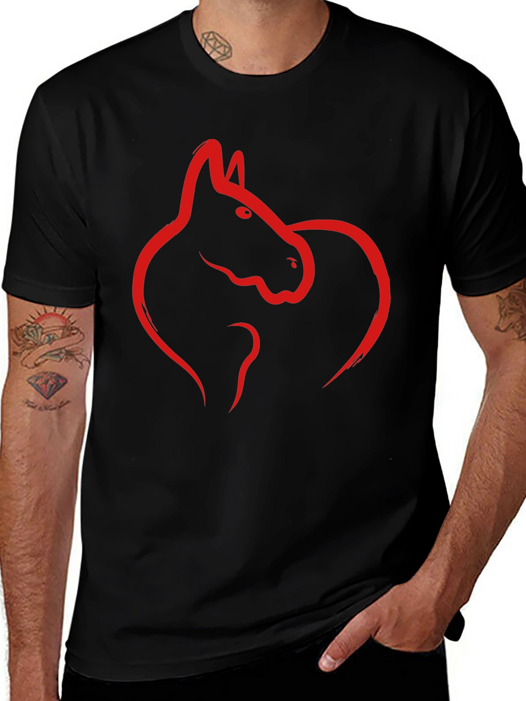 Black Tee with Red Horse Graphic