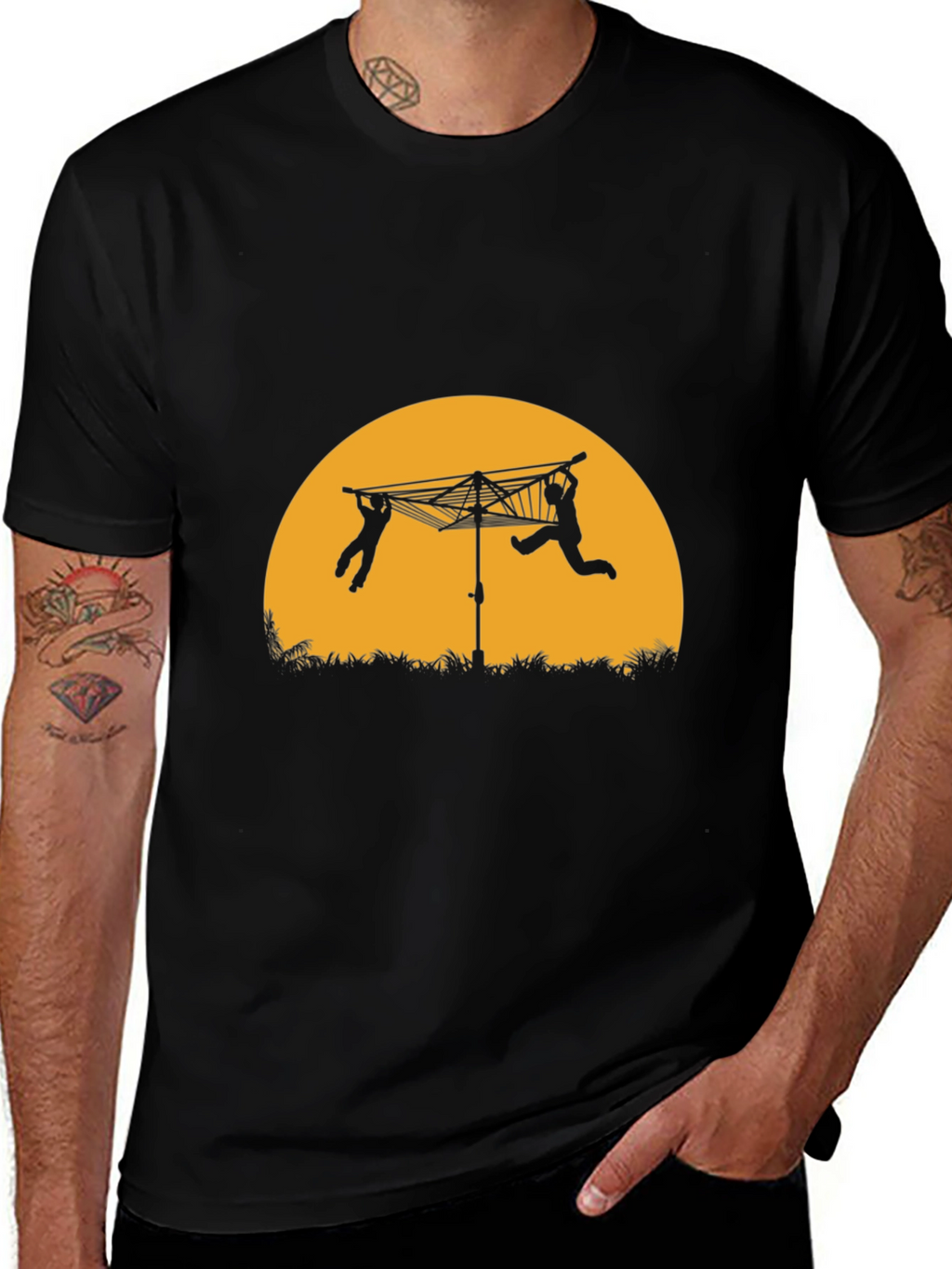 Black T-Shirt with Clothesline Silhouette