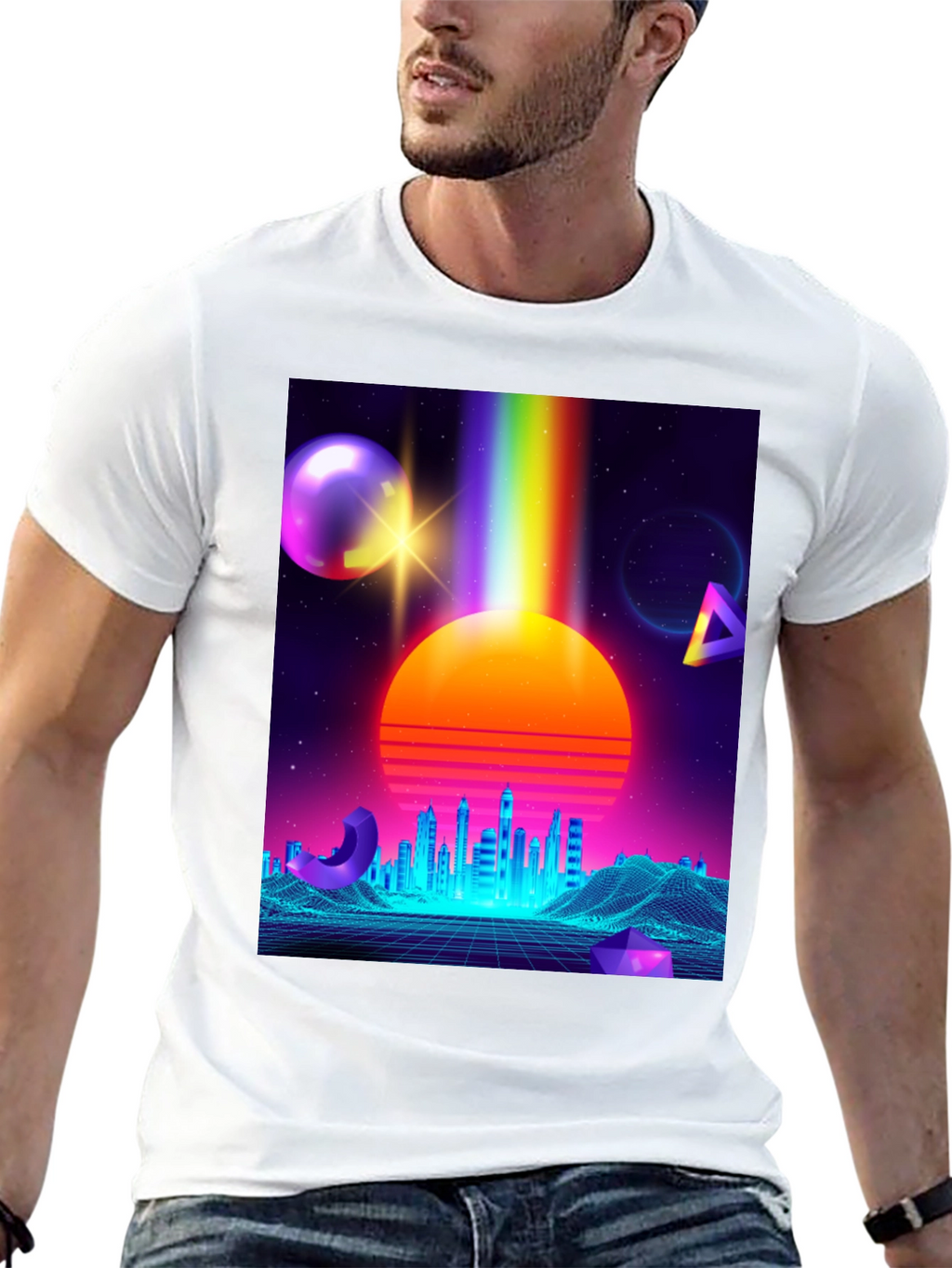 Retro Synthwave T-Shirt: 80s Neon Cityscape