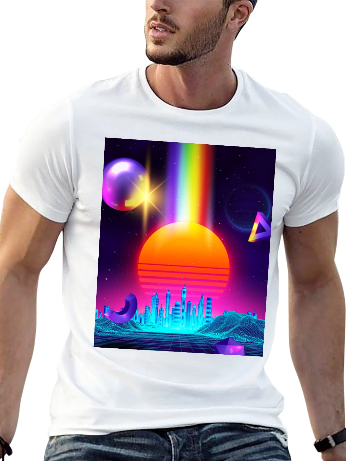 Retro Synthwave T-Shirt: 80s Neon Cityscape