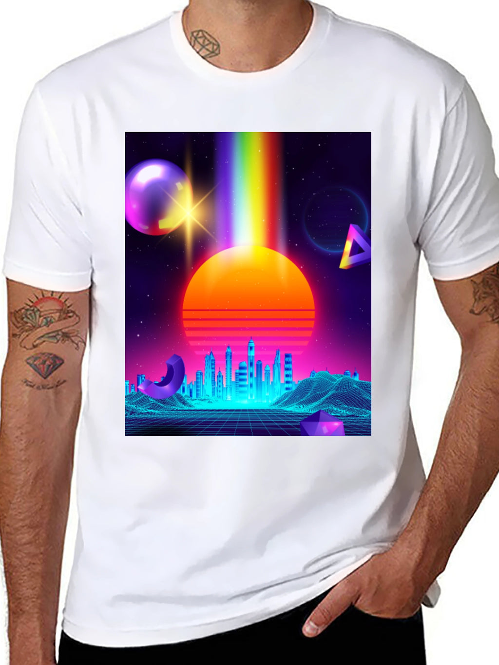 Retro Synthwave T-Shirt: 80s Neon Cityscape