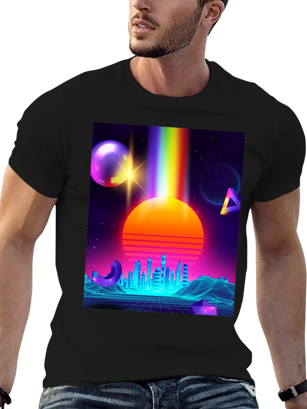 Retro Synthwave T-Shirt: 80s Neon Cityscape