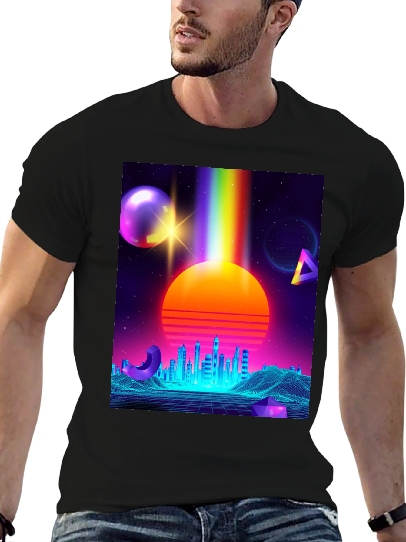 Retro Synthwave T-Shirt: 80s Neon Cityscape