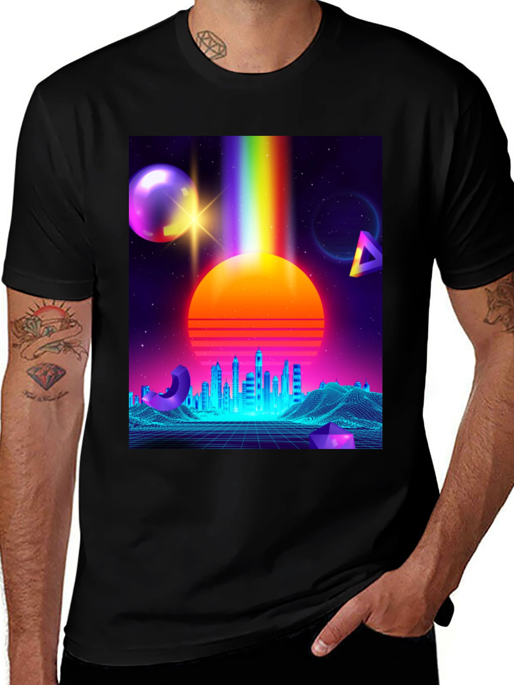 Retro Synthwave T-Shirt: 80s Neon Cityscape