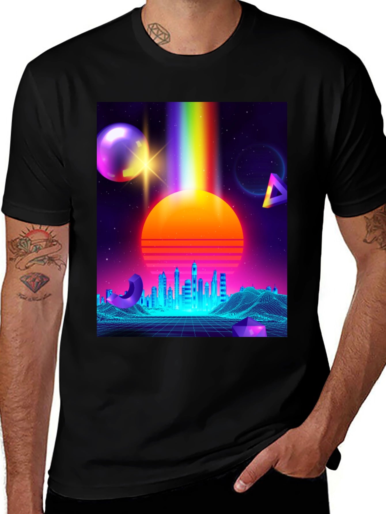 Retro Synthwave T-Shirt: 80s Neon Cityscape