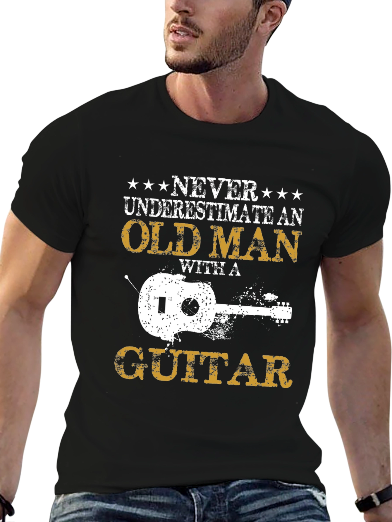 Never Underestimate Guitar Old Man Black T-Shirt