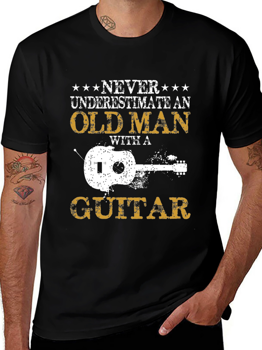 Never Underestimate Guitar Old Man Black T-Shirt
