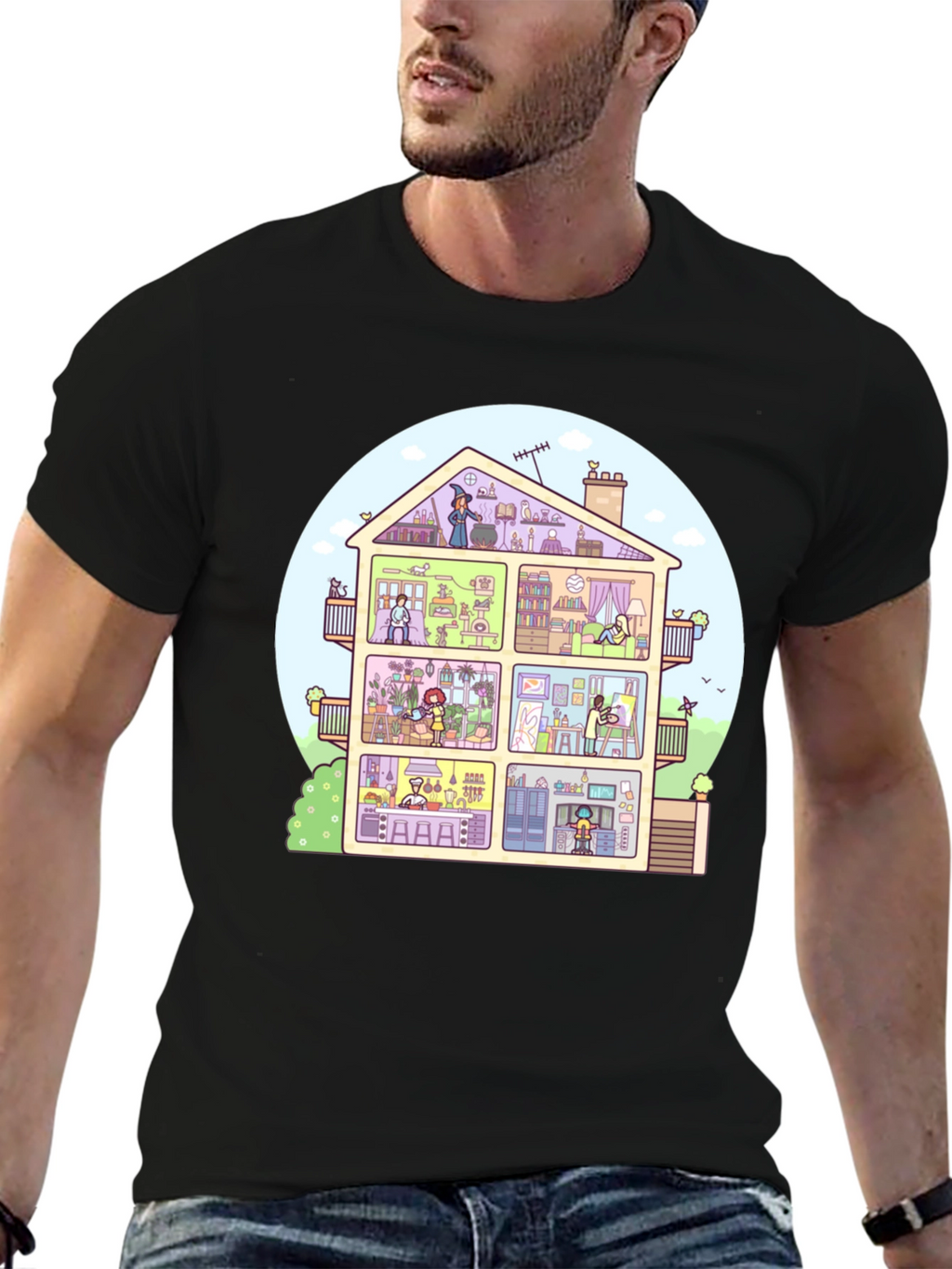 Cartoon House T-Shirt - Black
