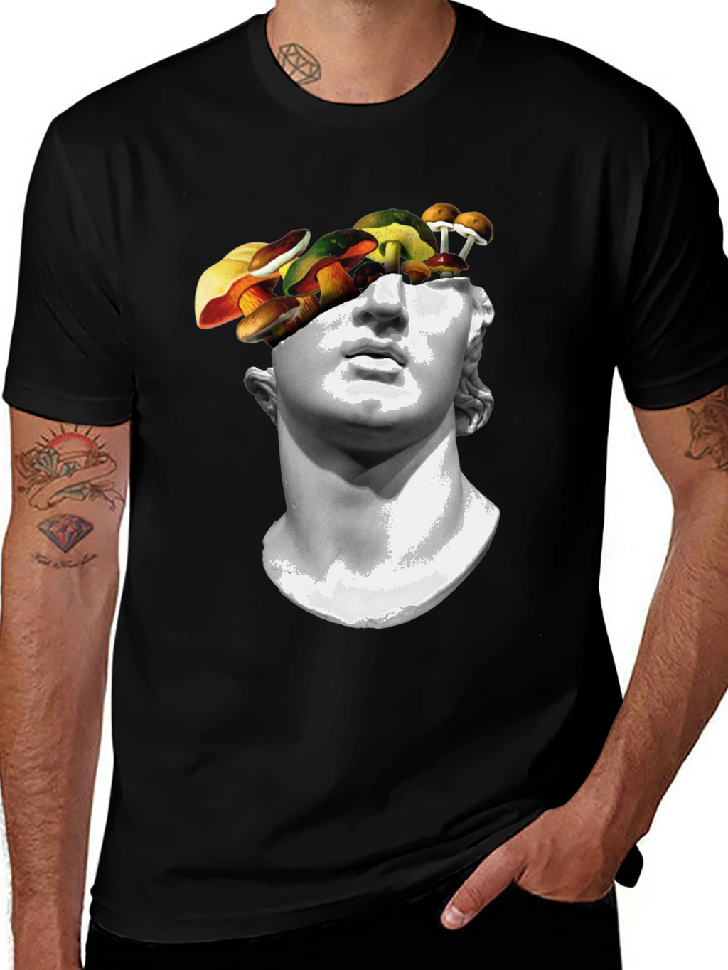 Mushroom Head Statue Graphic Tee - Unique Mens T-Shirt