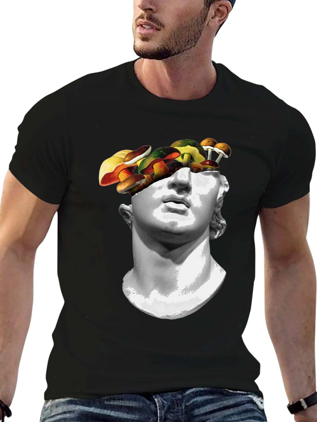 Mushroom Head Statue Graphic Tee - Unique Mens T-Shirt