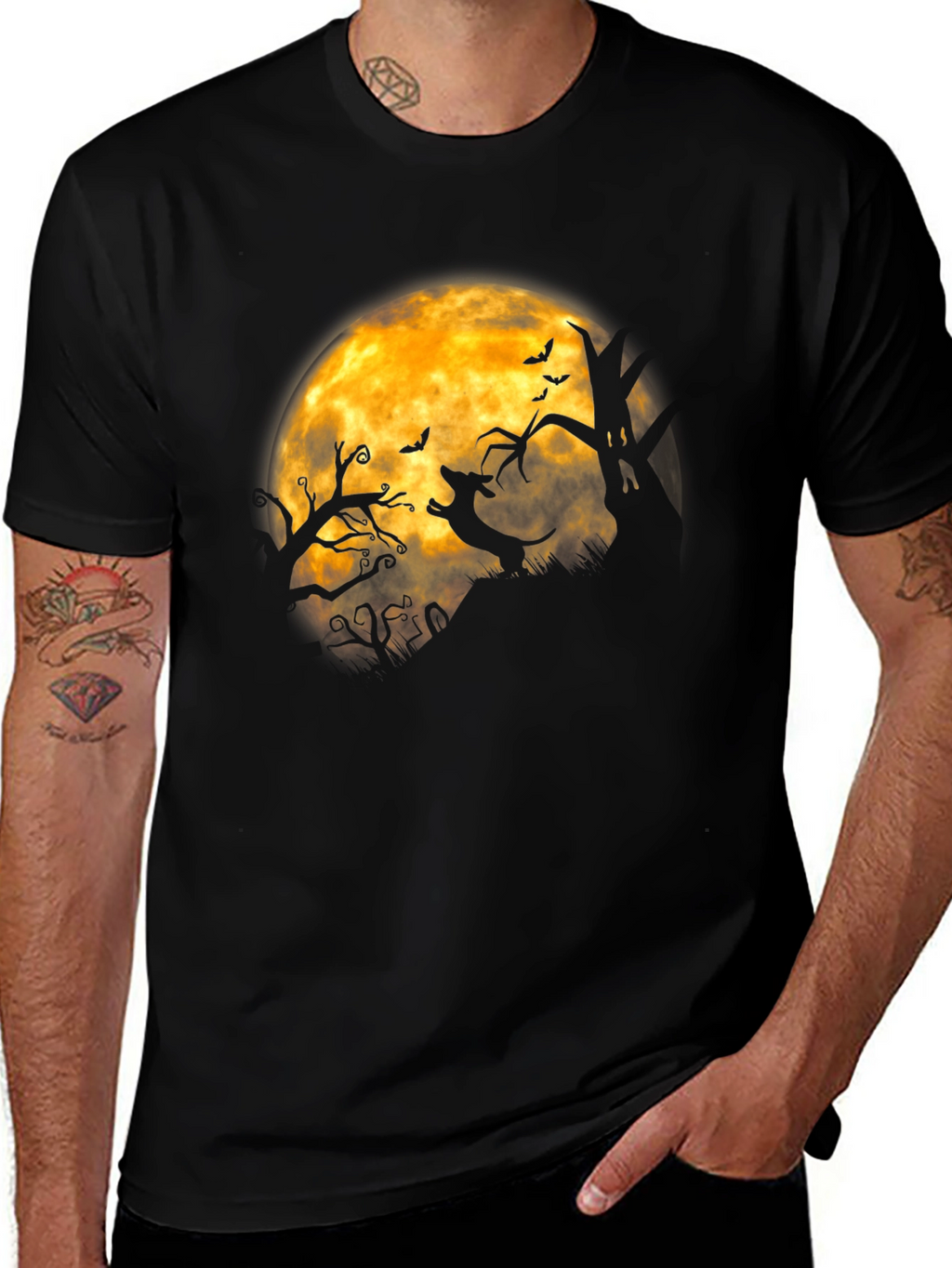Halloween Dachshund Moon Mens Black T-shirt