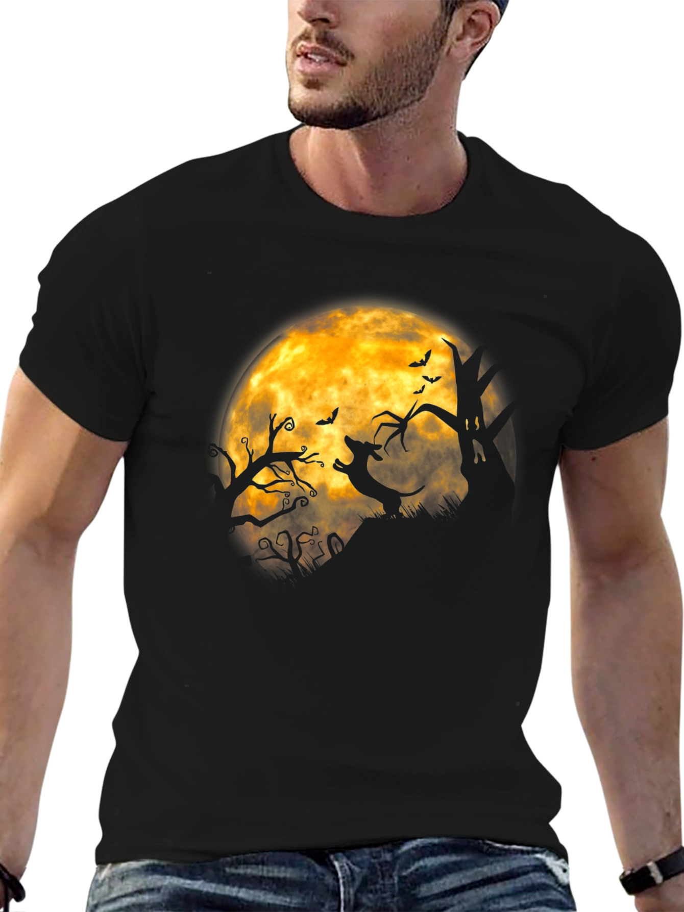 Halloween Dachshund Moon Mens Black T-shirt