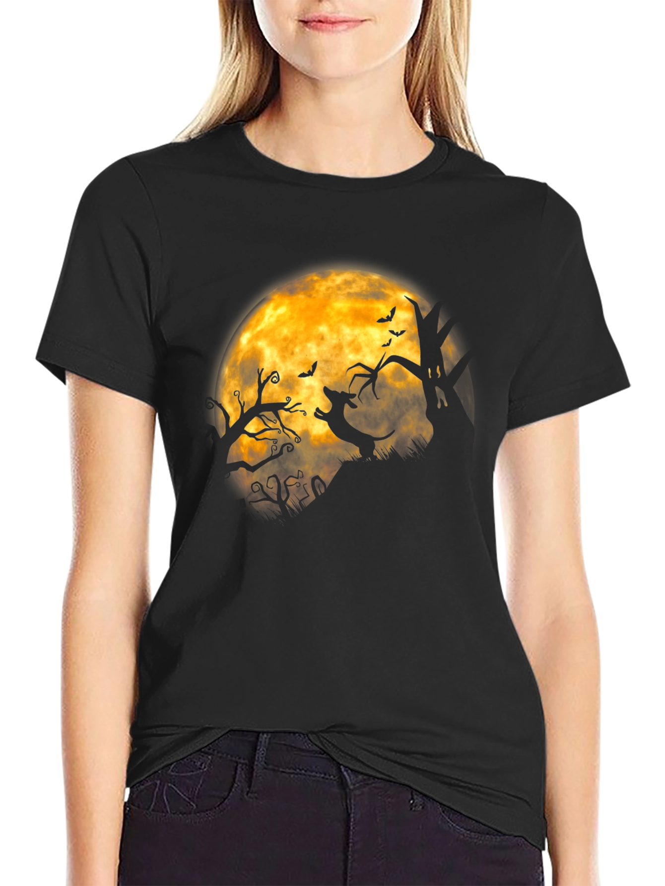 Halloween Dachshund Moon Mens Black T-shirt