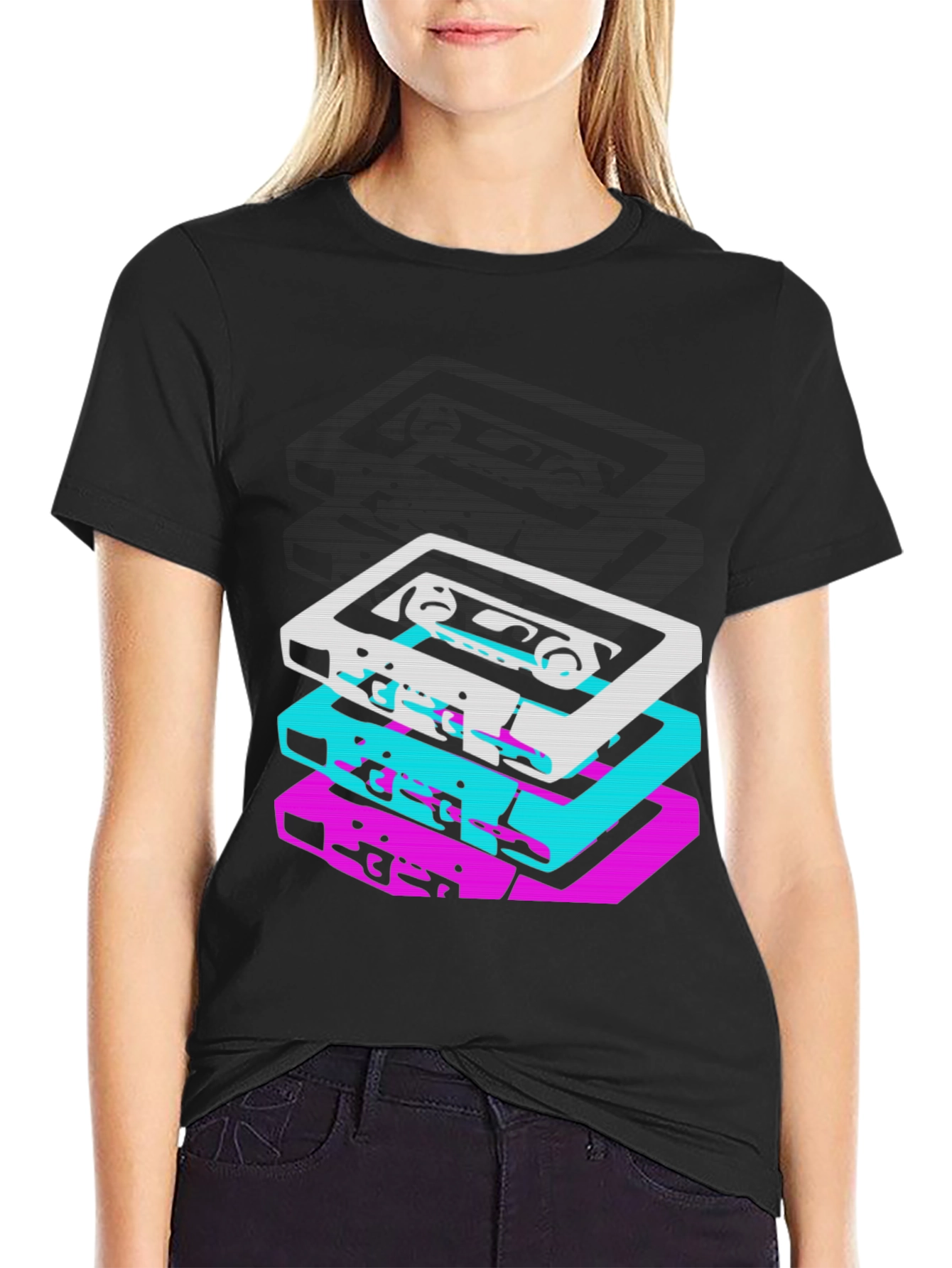 Retro Cassette Stack Graphic Tee - Black