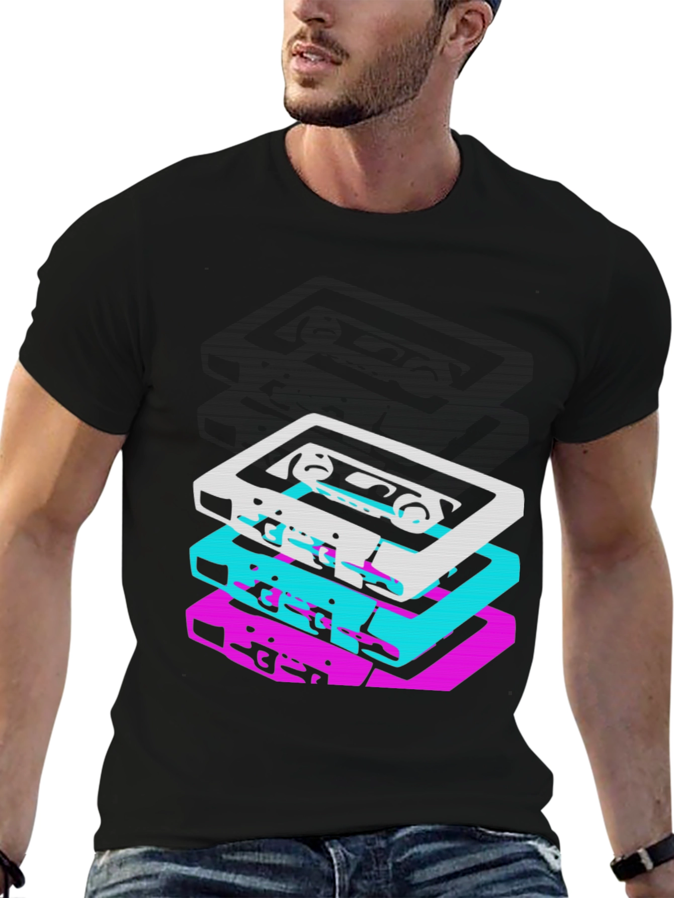 Retro Cassette Stack Graphic Tee - Black