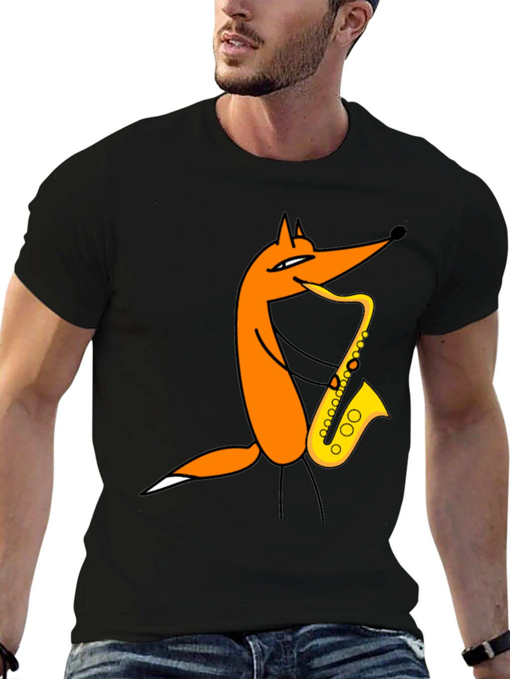 Fox Saxophone T-Shirt - Black Cotton Tee