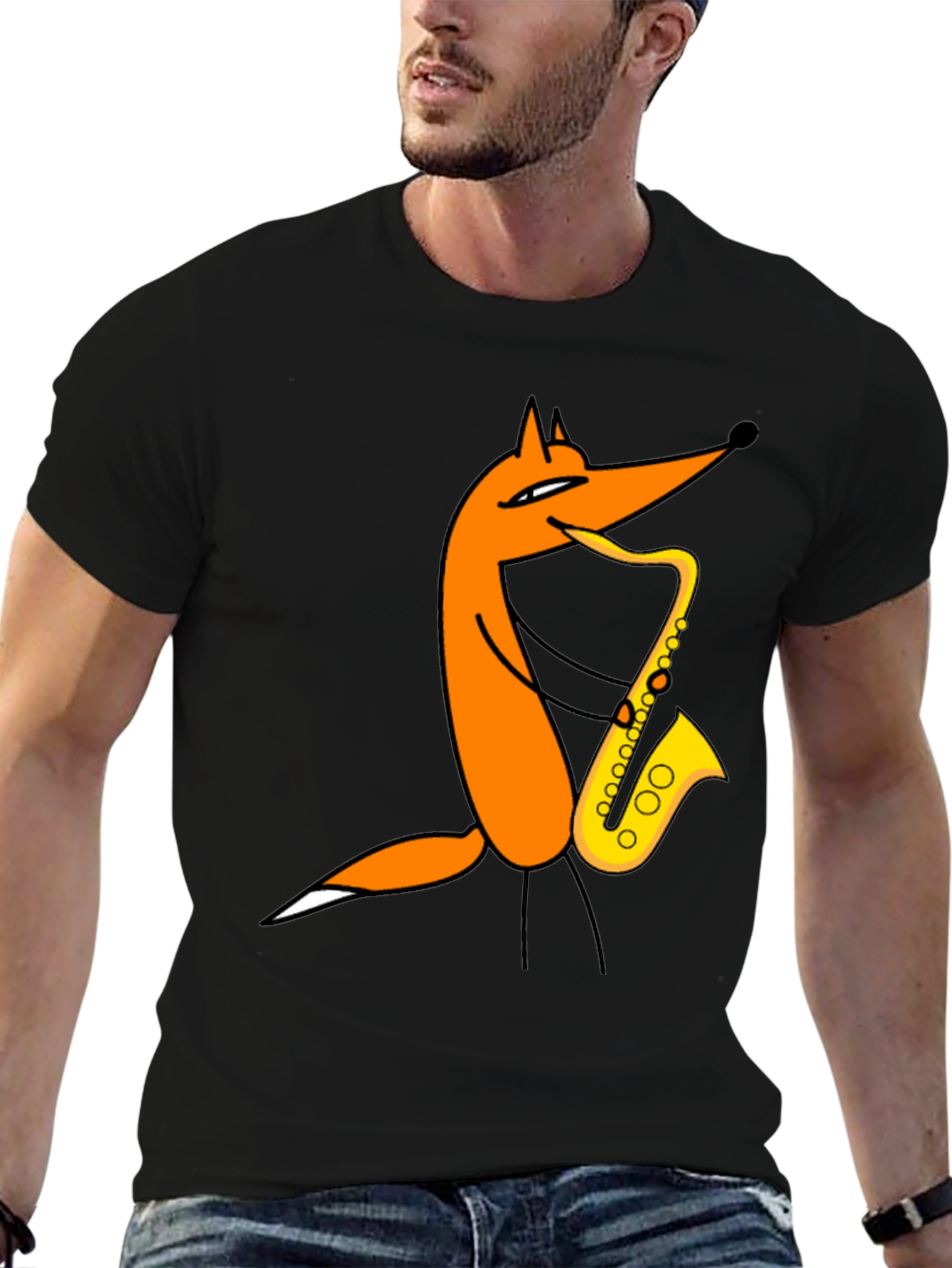 Fox Saxophone T-Shirt - Black Cotton Tee
