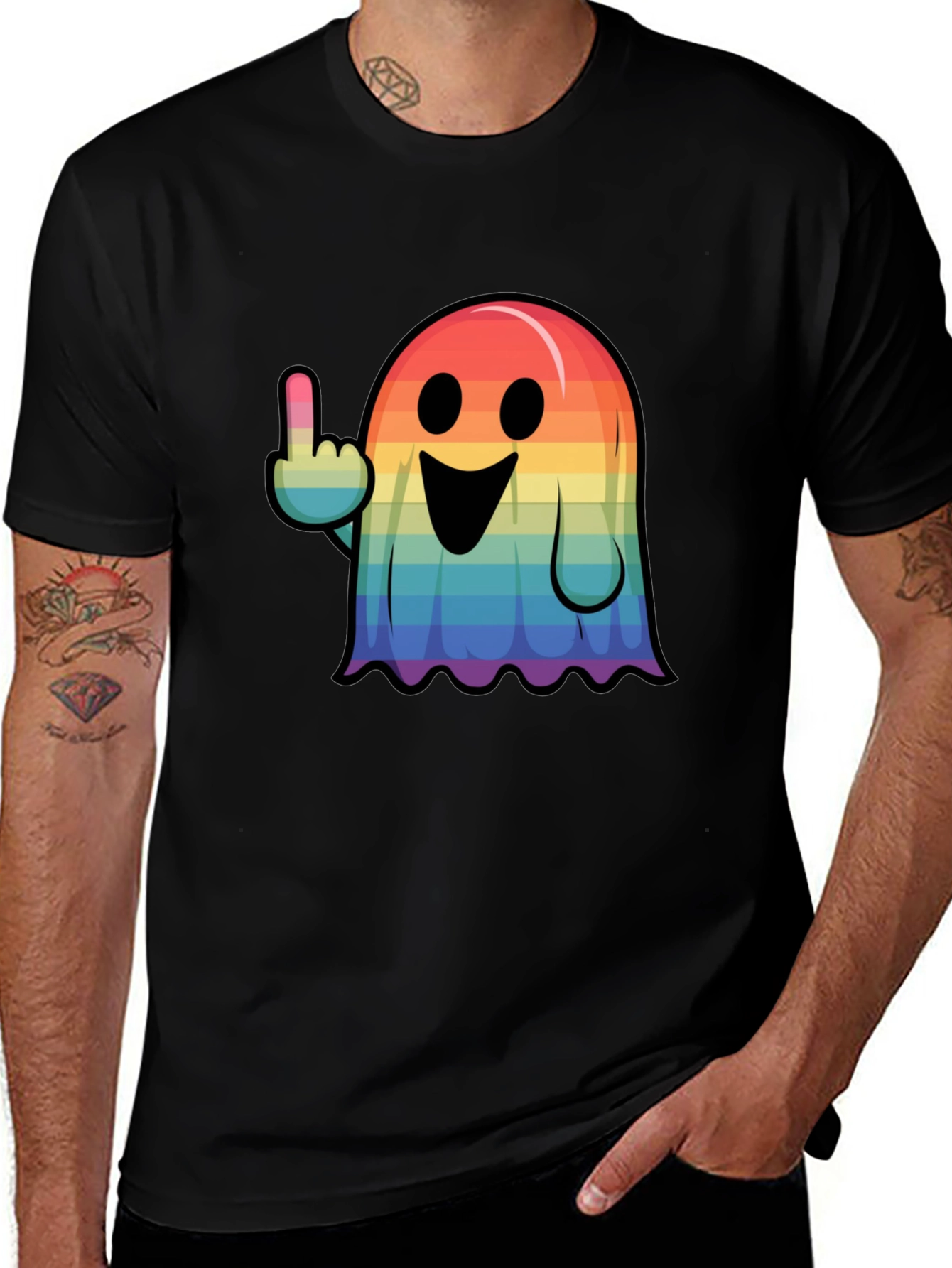 Rainbow Ghost Flipping The Bird Graphic Tee