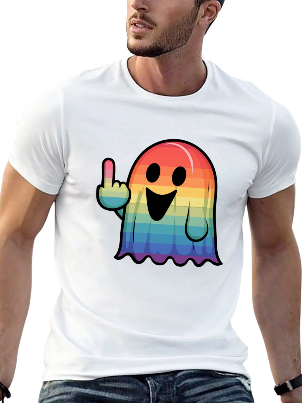 Rainbow Ghost Flipping The Bird Graphic Tee