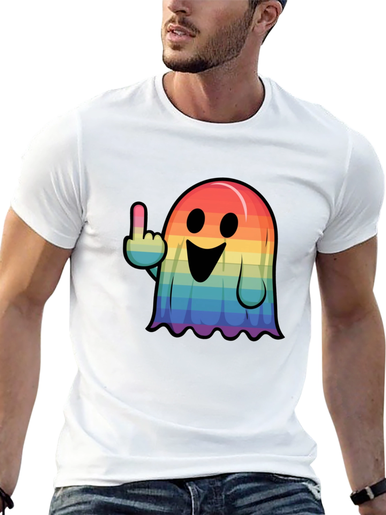 Rainbow Ghost Flipping The Bird Graphic Tee