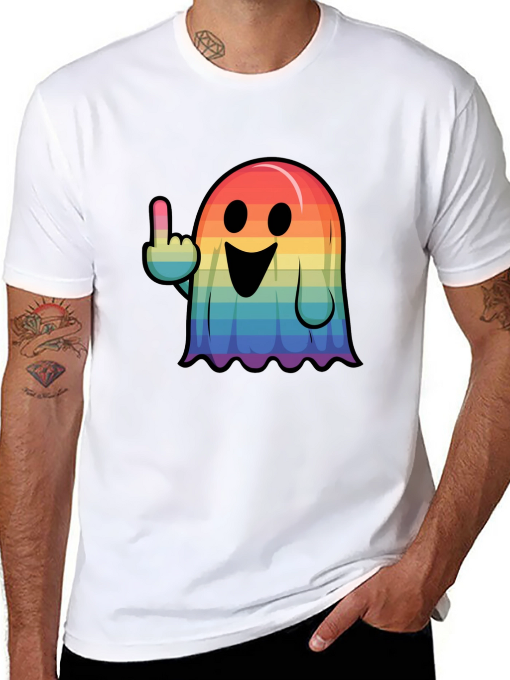 Rainbow Ghost Flipping The Bird Graphic Tee