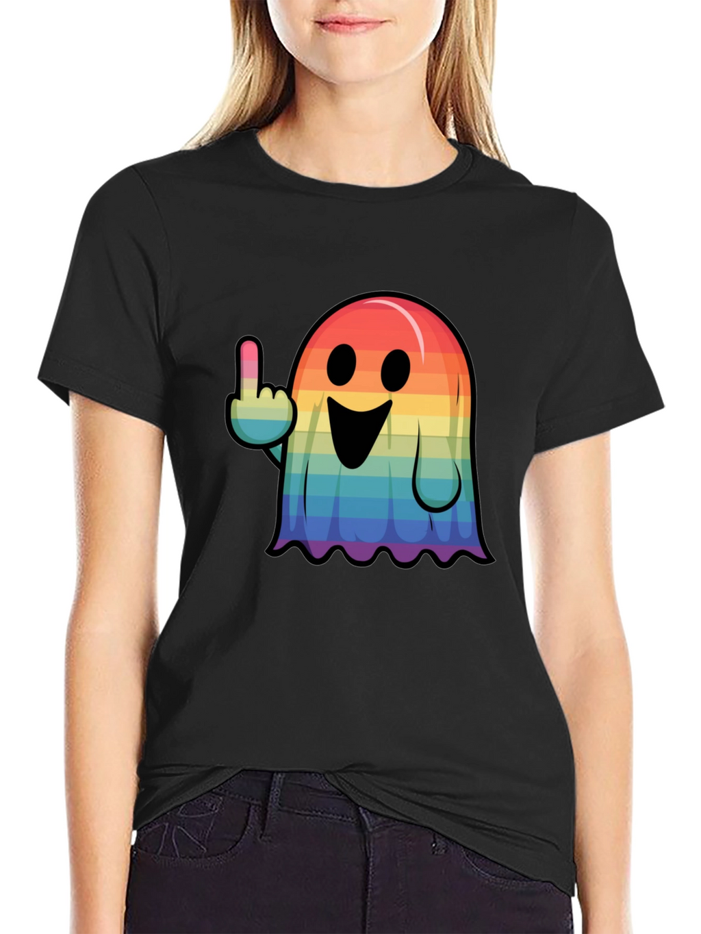Rainbow Ghost Flipping The Bird Graphic Tee