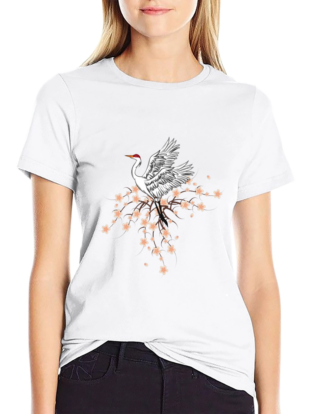 Crane & Cherry Blossom Graphic Tee - Black