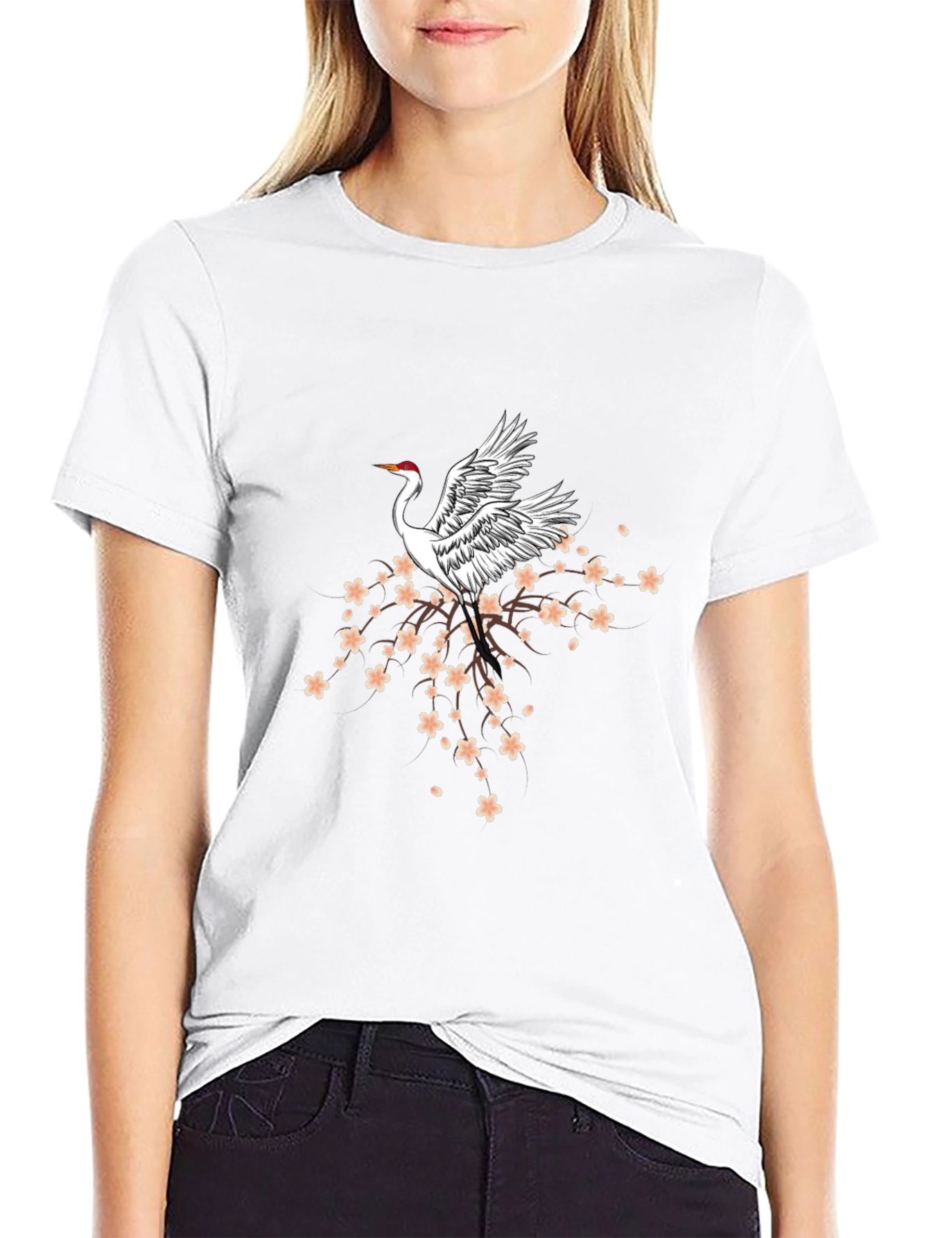 Crane & Cherry Blossom Graphic Tee - Black