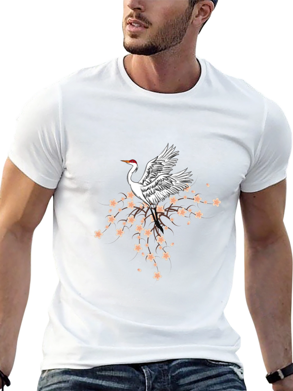 Crane & Cherry Blossom Graphic Tee - Black