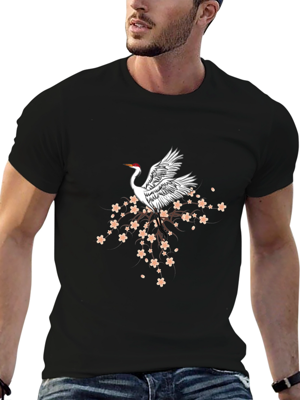 Crane & Cherry Blossom Graphic Tee - Black