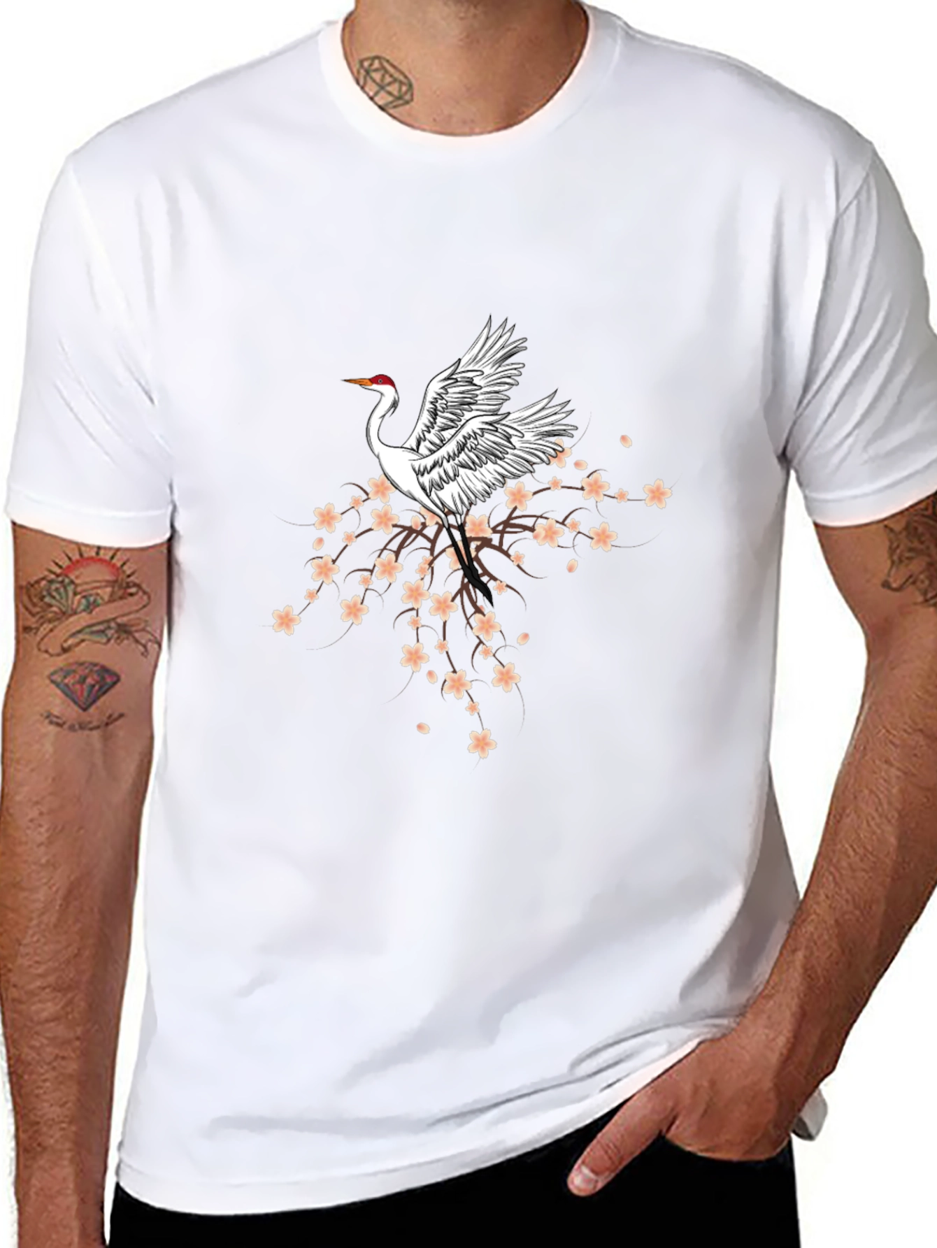 Crane & Cherry Blossom Graphic Tee - Black