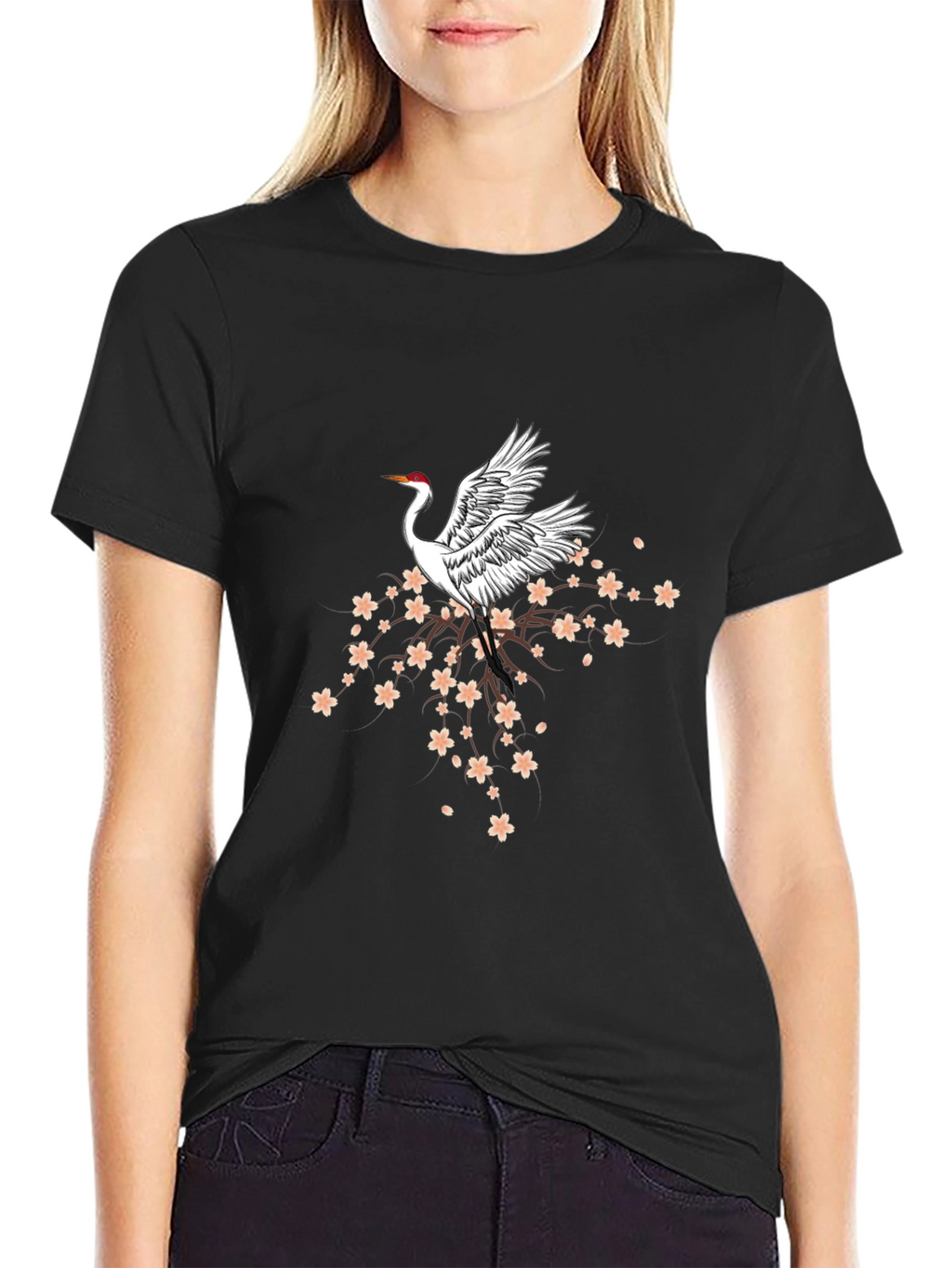Crane & Cherry Blossom Graphic Tee - Black