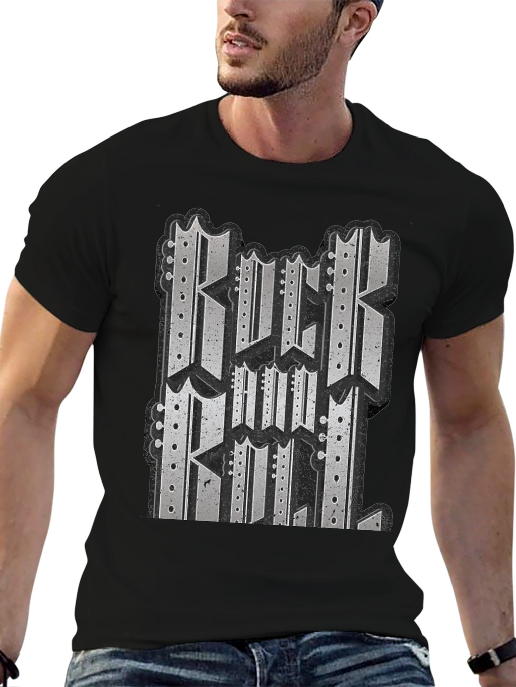 Black Graphic T-Shirt - Rock and Roll Design
