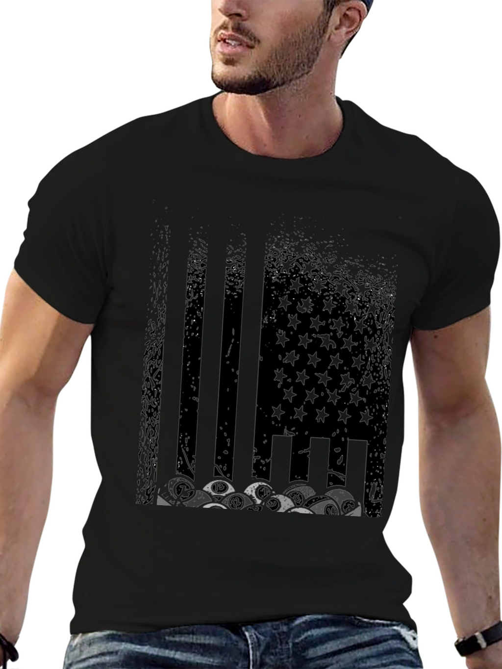 Distressed US Flag Skull Graphic T-Shirt