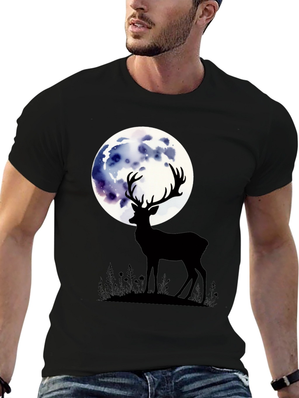 Deer Moon Graphic Tee - Stylish Mens Black T-Shirt