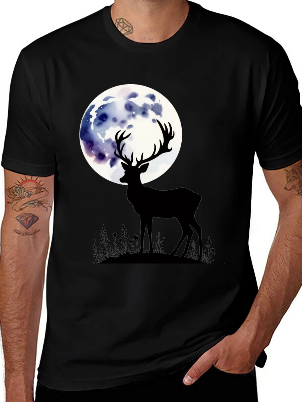 Deer Moon Graphic Tee - Stylish Mens Black T-Shirt