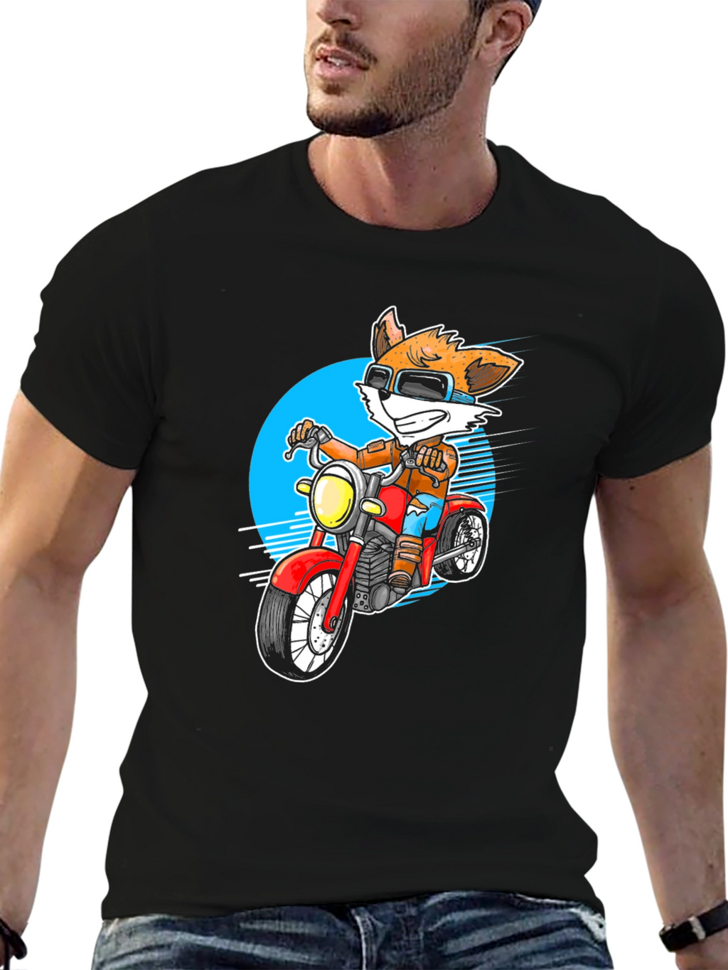 Cool Fox on Motorcycle Graphic Tee - Black