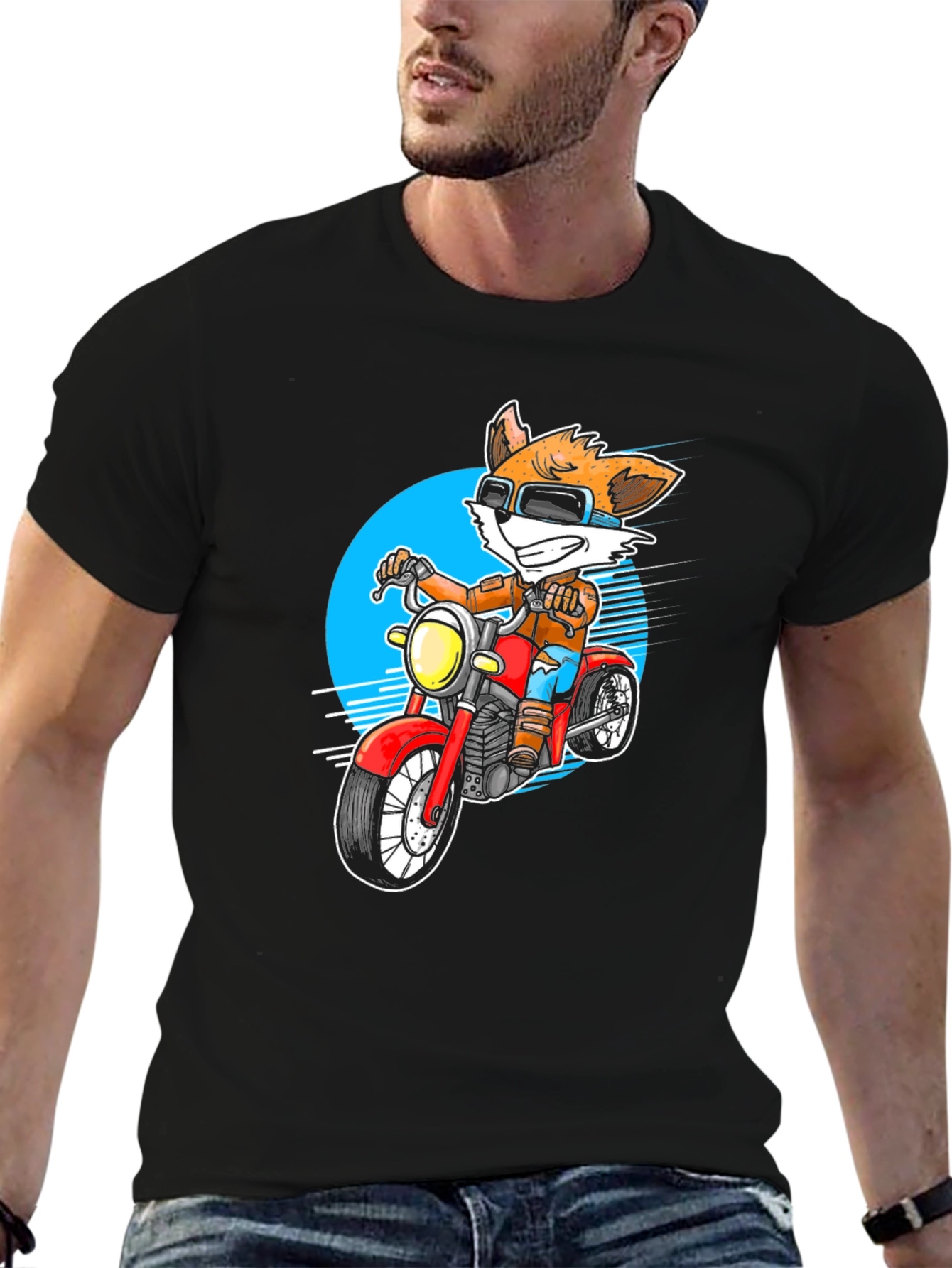 Cool Fox on Motorcycle Graphic Tee - Black