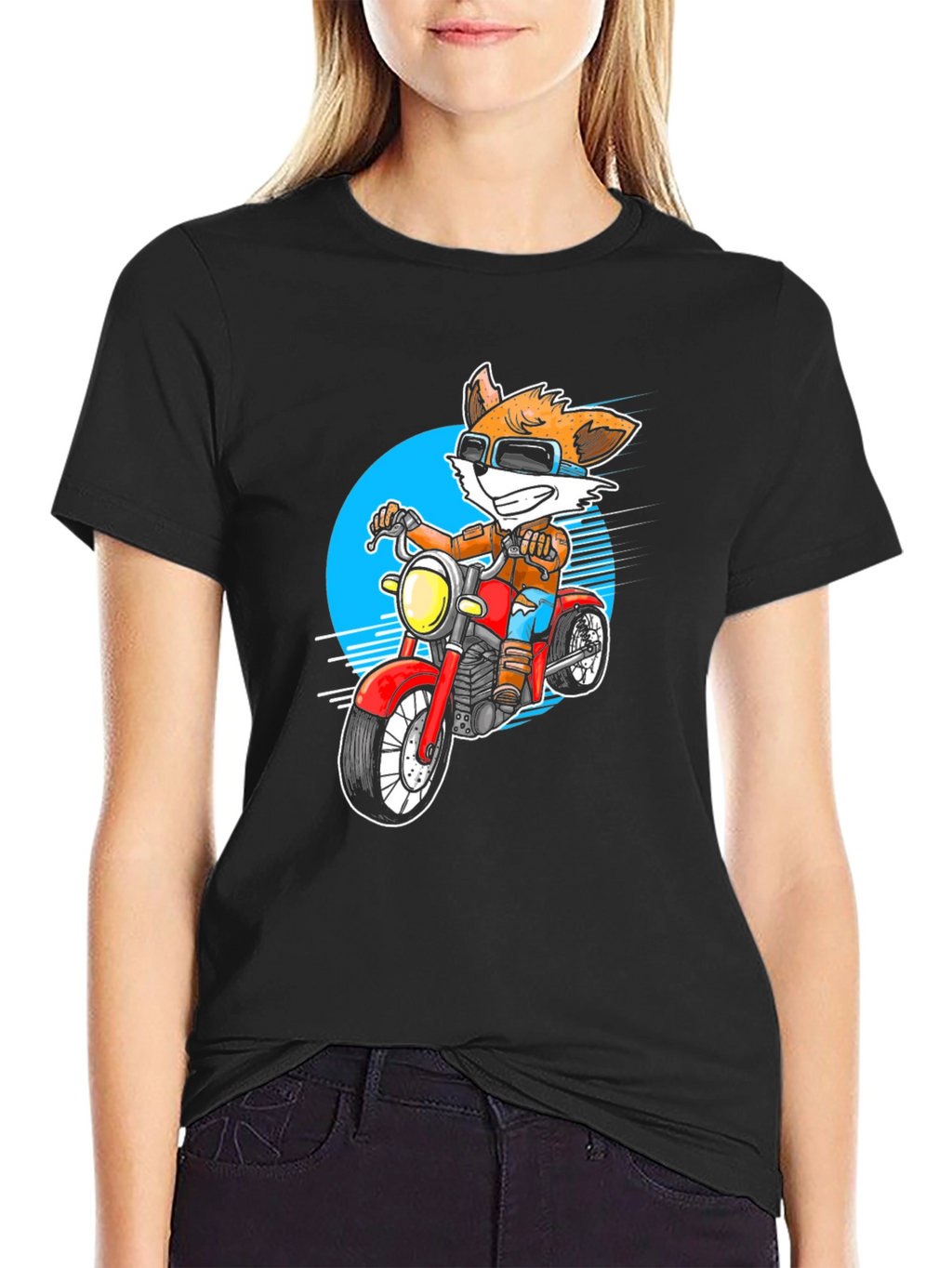 Cool Fox on Motorcycle Graphic Tee - Black