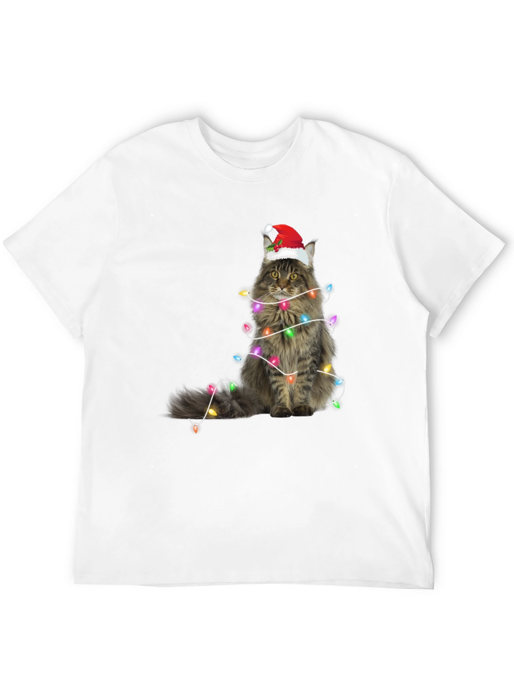 Christmas Cat Tee - Holiday Lights Santa Hat T-Shirt