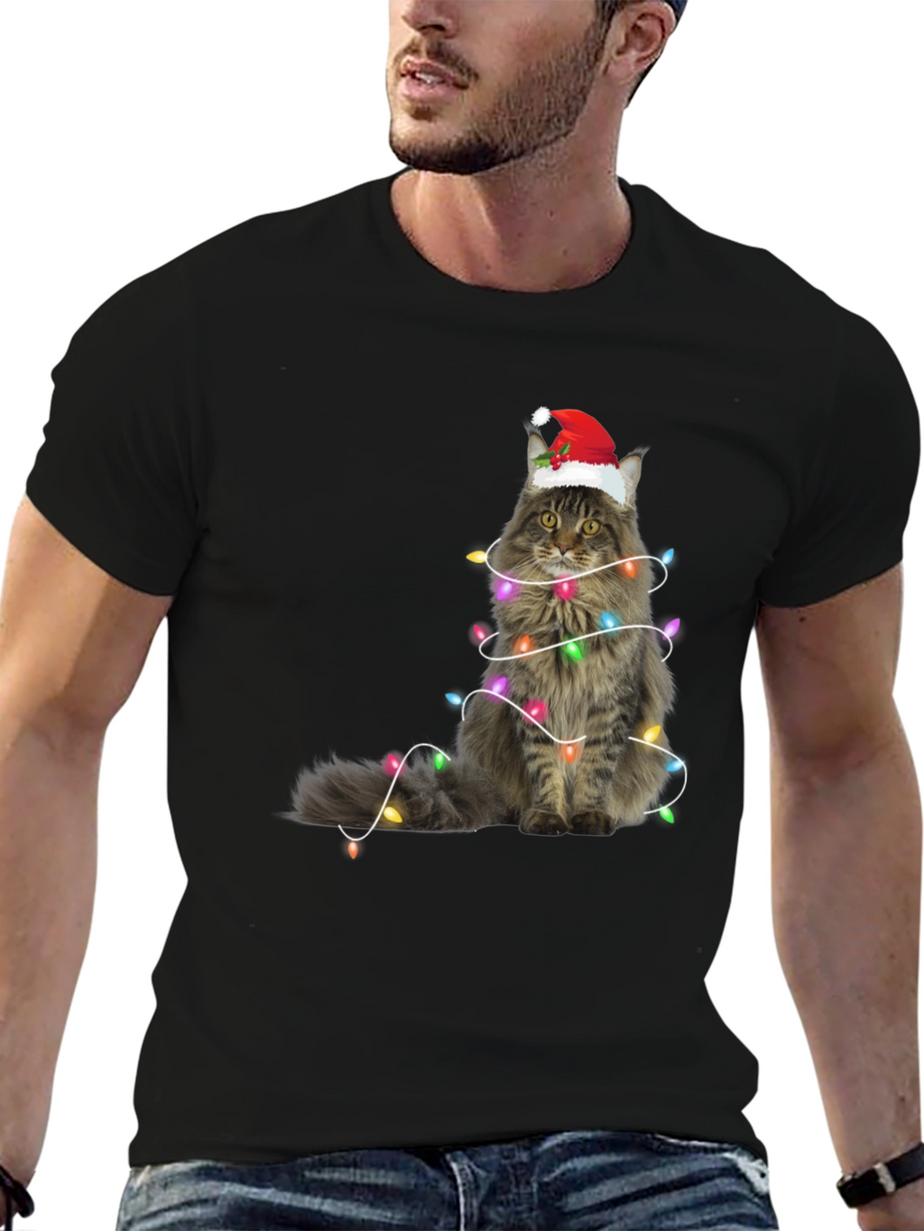 Christmas Cat Tee - Holiday Lights Santa Hat T-Shirt