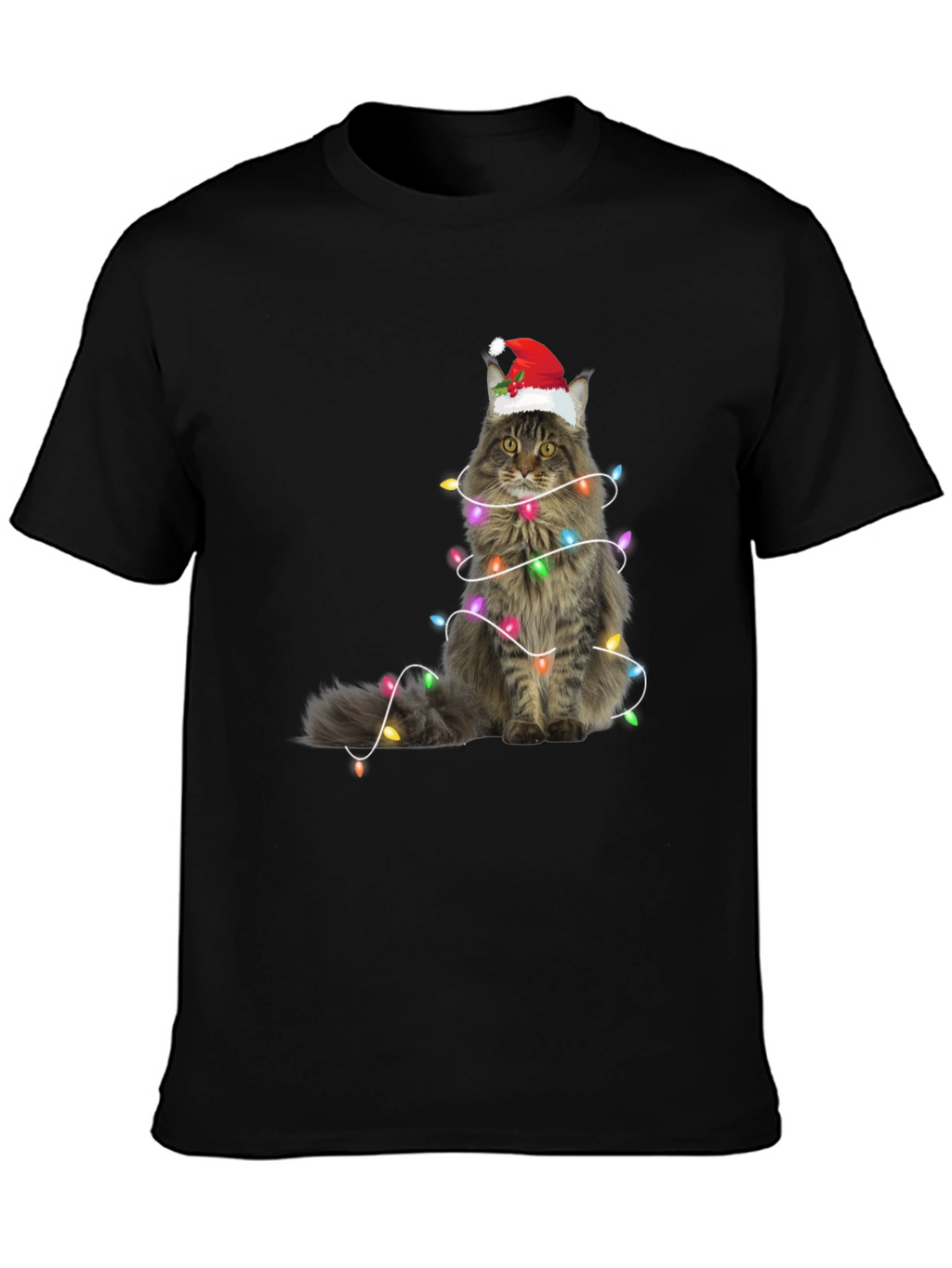 Christmas Cat Tee - Holiday Lights Santa Hat T-Shirt