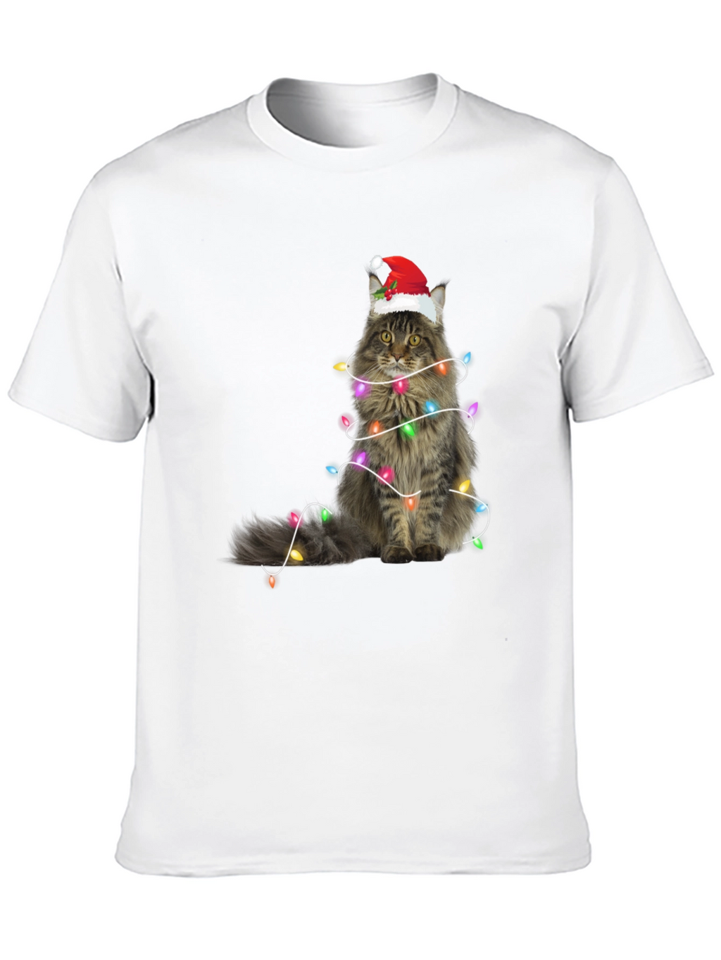 Christmas Cat Tee - Holiday Lights Santa Hat T-Shirt