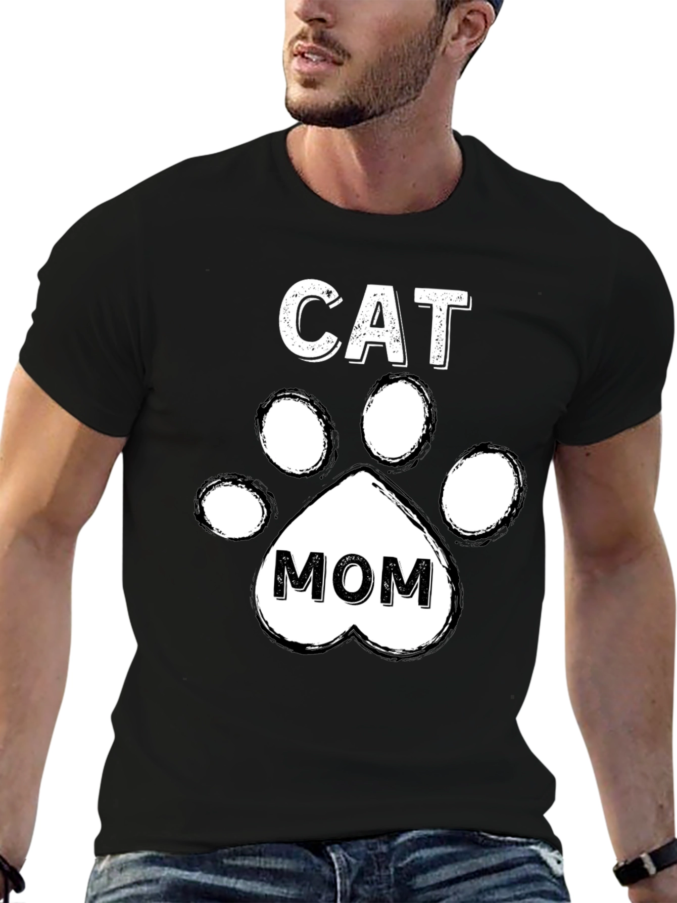 Cat Mom T-Shirt - Paw Print Design - Black