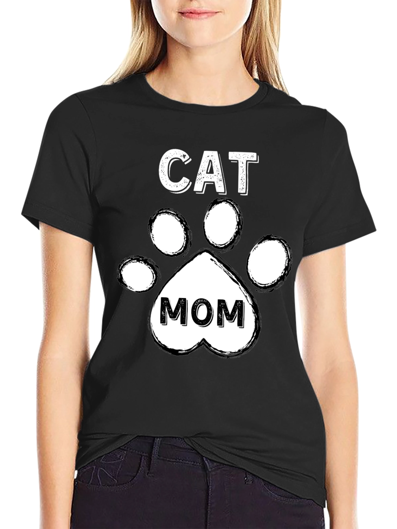 Cat Mom T-Shirt - Paw Print Design - Black